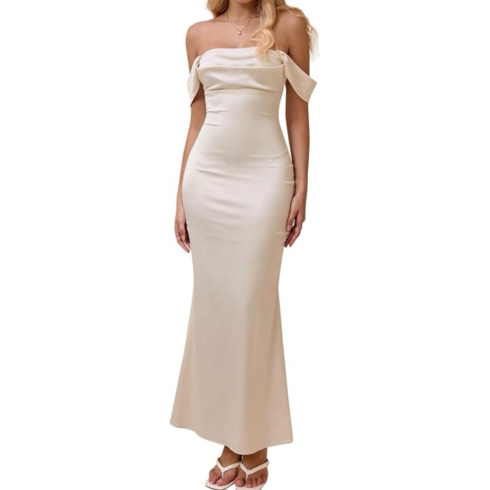 New Women XL KUTUMAI Women Off Shoulder Satin Maxi Dress Elegant Ruched Bodycon